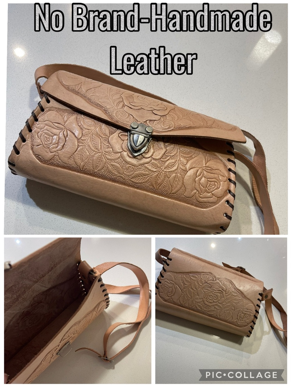 Tooled Floral Leather Crossbody Bag - Nude